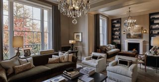 London townhouse living room with sofas and armchairs