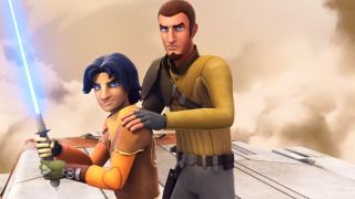 Screenshot from the animated T.V. show Star Wars Rebels. Teenager Ezra Bridger (male, short dark hair, thick eyebrows, orange jumpsuit, brown shoulder pads and green gloves) is holding a blue lightsaber upright in front of him. Standing just behind with his hands on Ezra's shoulder in a protective manner is Kanan Jarrus (short brown hair, goatee and is wearing gray trousers, mustard-yellow shirt and an olive-green protective guard fitted along his whole right arm). The are standing on the wing of a spaceship flying in the clouds.