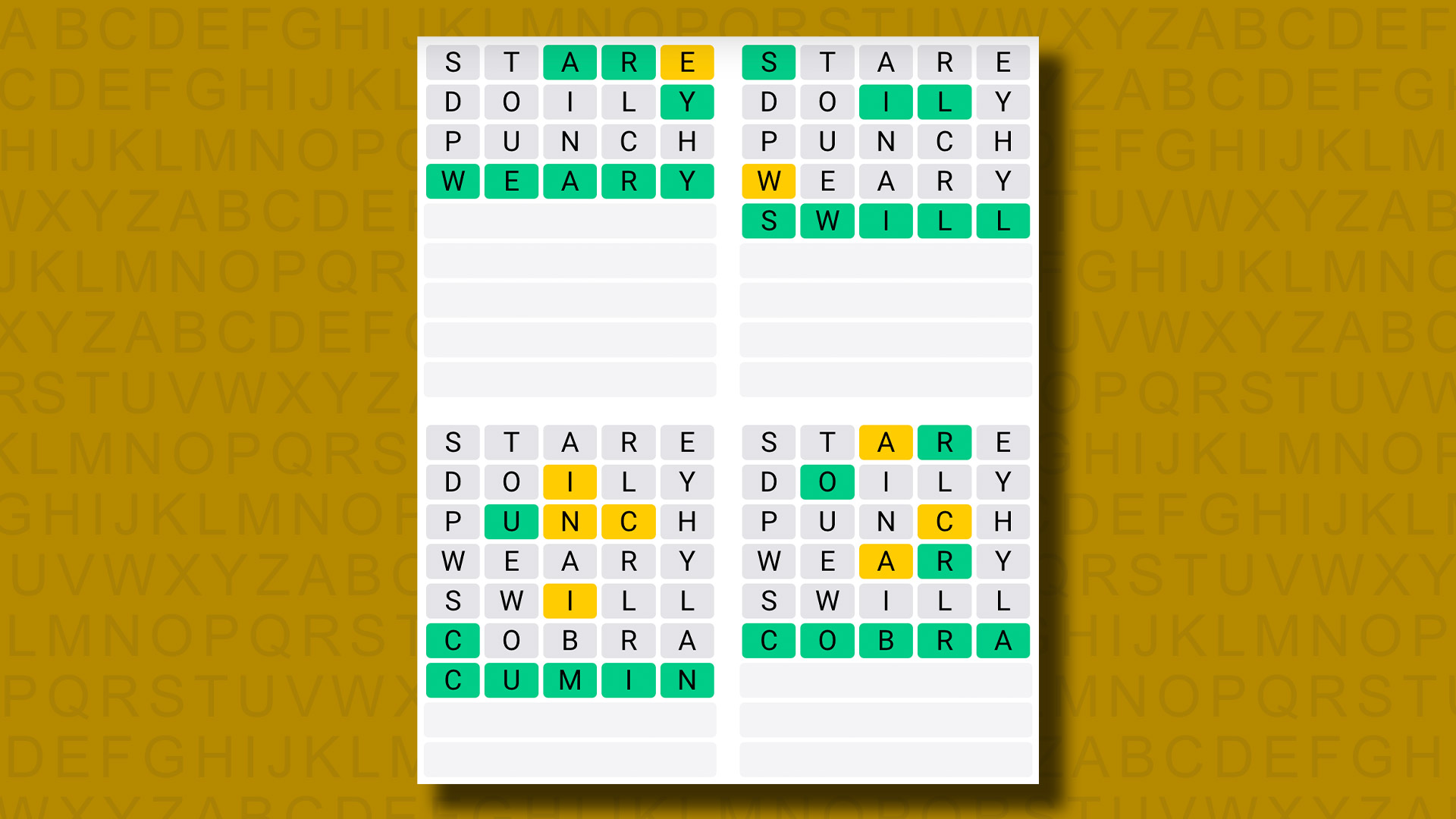 Quordle Daily Sequence Answers for Game 928 on a Yellow Background