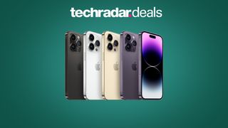 iPhone 14 Pro phones on green background with 'techradar deals' banner