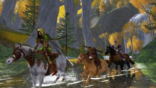 Best Lord of the Rings games — Three Lord of the Rings Online characters ride across a stream on horseback.