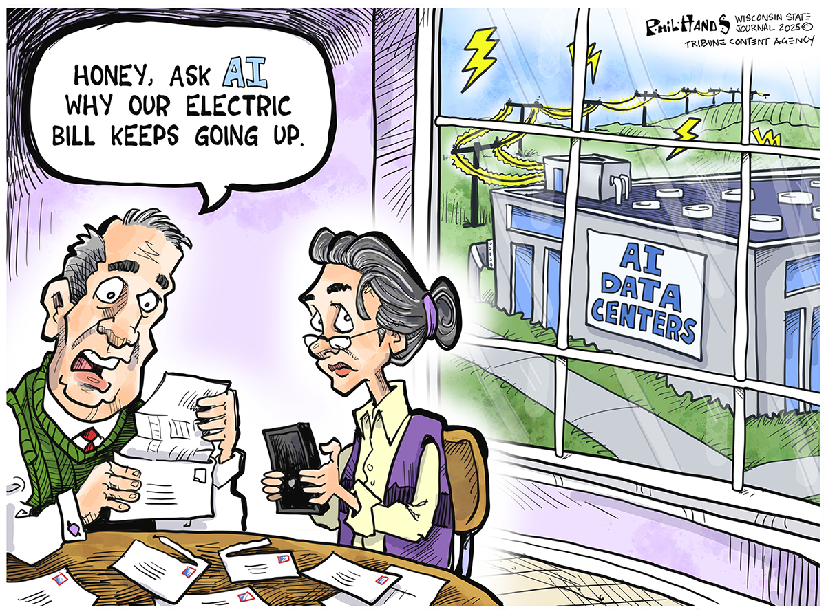 A man and a woman sit at the kitchen table playing their bills. An AI data center can be seen through their window. The data center is connected to powerlines and is drawing lots of power. The man looks at a bill and says, &amp;ldquo;Honey, ask AI why our electric bill keeps going up.&amp;rdquo;