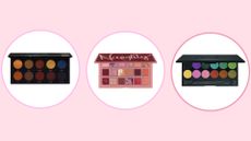 Collage of three palettes included in this guide to the best eyeshadow for dark skin by Uoma, Huda Beauty, and Sleek