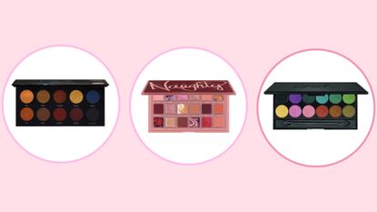 Collage of three palettes included in this guide to the best eyeshadow for dark skin by Uoma, Huda Beauty, and Sleek