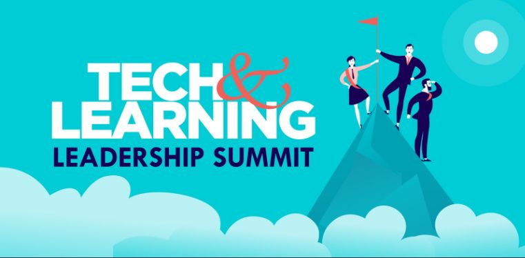 Tech&amp;Learning Leadership summit with illustration of three people planting flag on mountaintop