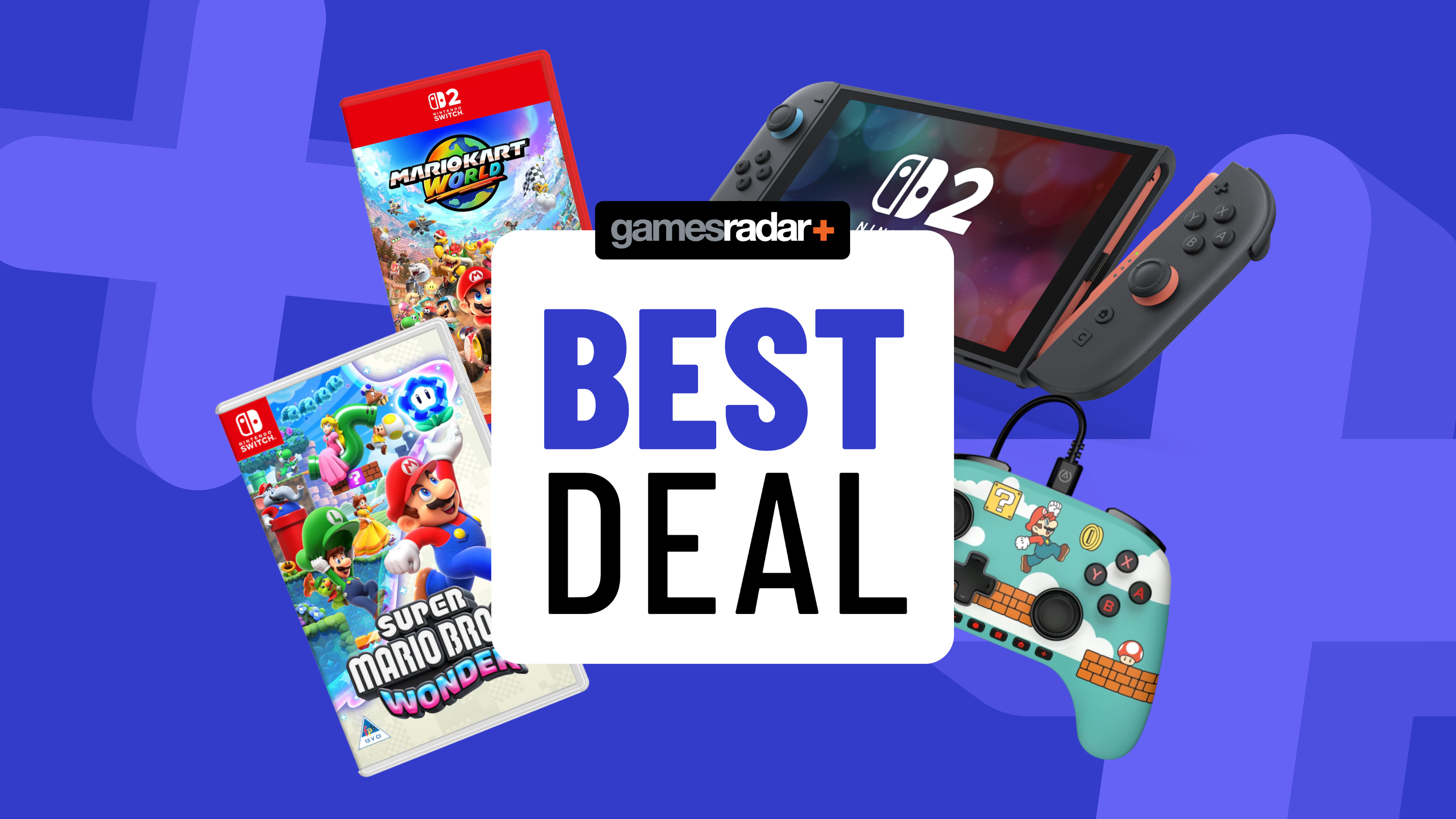 Mario games and Nintendo Switch accessories on a blue background with best deal badge