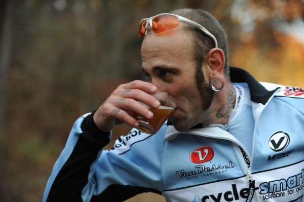 Silver medalist, series president and race promoter Adam Myerson (Cycle-Smart) takes a well-earned drink.