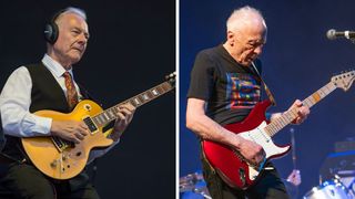 Left-Robert Fripp performs at Fairport's Cropredy Convention 2023 on August 10, 2023 in Cropredy, Oxfordshire; Right- Robin Trower performs at Birmingham Town Hall on May 18, 2025 in Birmingham, England