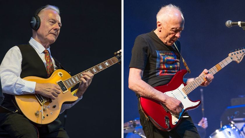 Left-Robert Fripp performs at Fairport&#039;s Cropredy Convention 2023 on August 10, 2023 in Cropredy, Oxfordshire; Right- Robin Trower performs at Birmingham Town Hall on May 18, 2025 in Birmingham, England