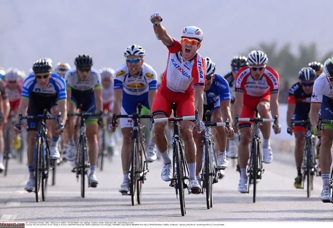 Alexander Kristoff celebrates winning stage 2 in Oman