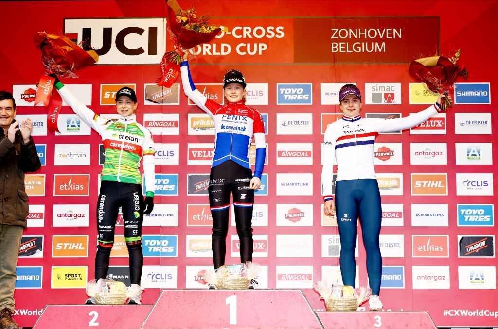 Dutch Inge van der Heijden, Dutch Puck Pieterse and British Zoe Backstedt celebrate on the podium after the women's elite race at the World Cup cyclocross cycling event in Zonhoven on Sunday 07 January 2024, stage 12 (out of 14) of the UCI World Cup competition.
BELGA PHOTO DAVID PINTENS (Photo by DAVID PINTENS / BELGA MAG / Belga via AFP)