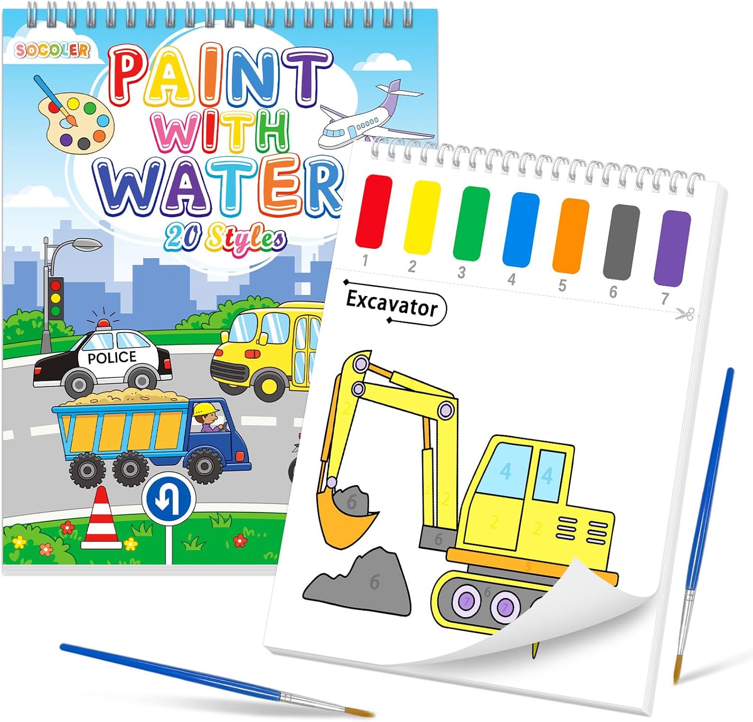 Paint With Water Coloring Books for Toddlers, Traffic Theme Mess Free Watercolor Painting Papers for Kids Water Color Paint Kit Art Craft Birthday Gift for Ages 1-3, 4-8