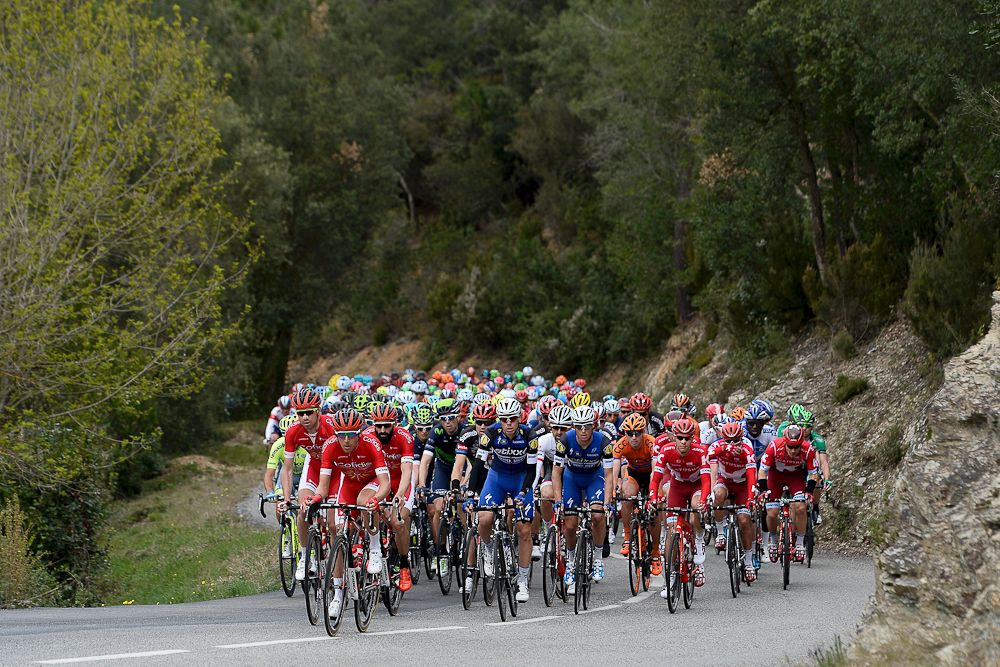 The Volta a Catalunya peloton climbs during stage 2.