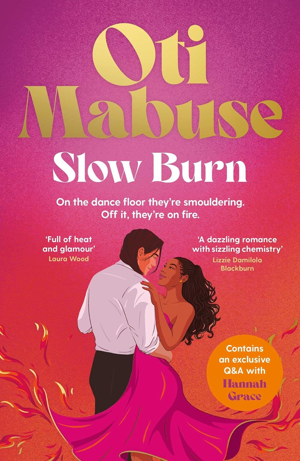 The front cover of the book Slow Burn by Oti Mabuse, featuring a man and woman dancing at sunset, with flames emanating from the woman&#039;s skirt