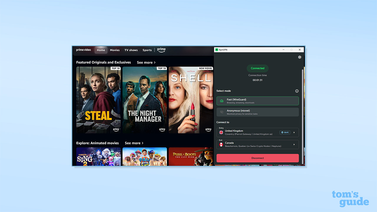 NymVPN connected to Amazon Prime using a Canadian server