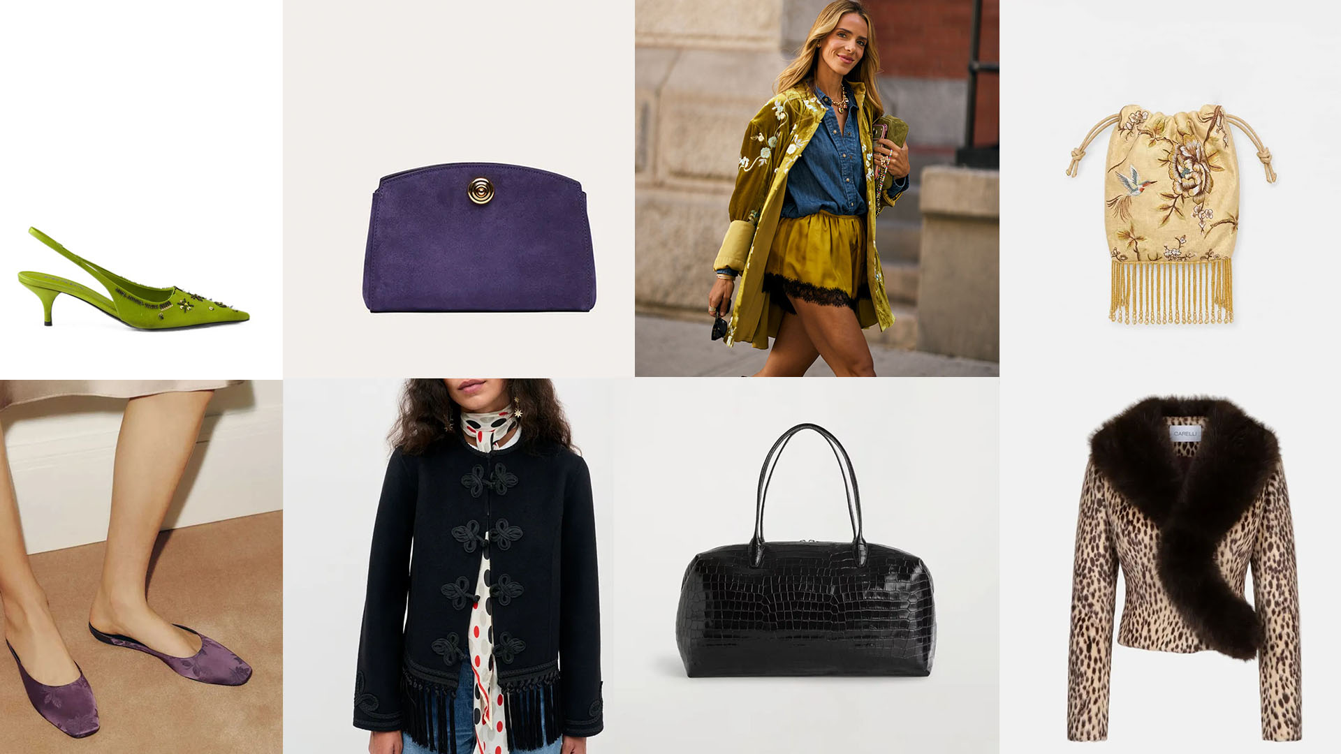 Various fall jackets, bags, and shoes