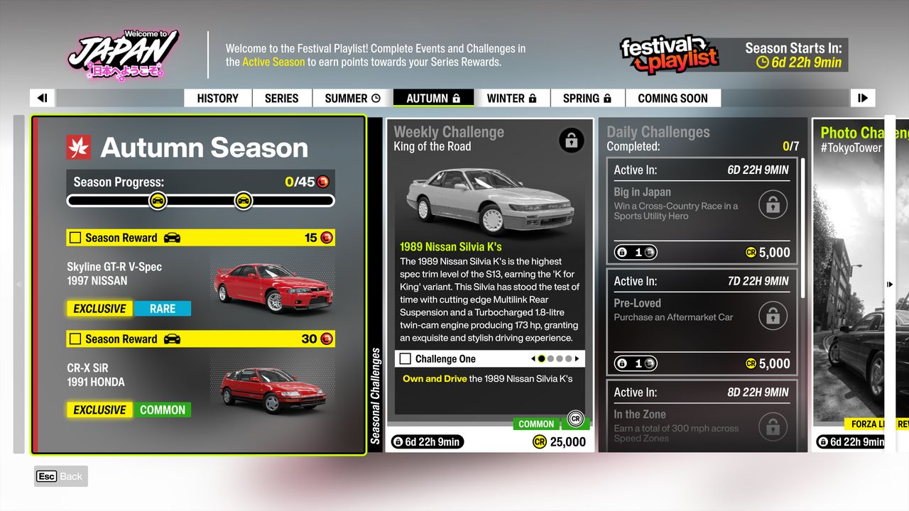 Forza Horizon 6 Series 1: An infographic of the Autumn Festival Playlist challenges and rewards.