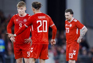 Denmark forward Yussuf Poulsen (centre) in action in a friendly against Switzerland in March 2024.