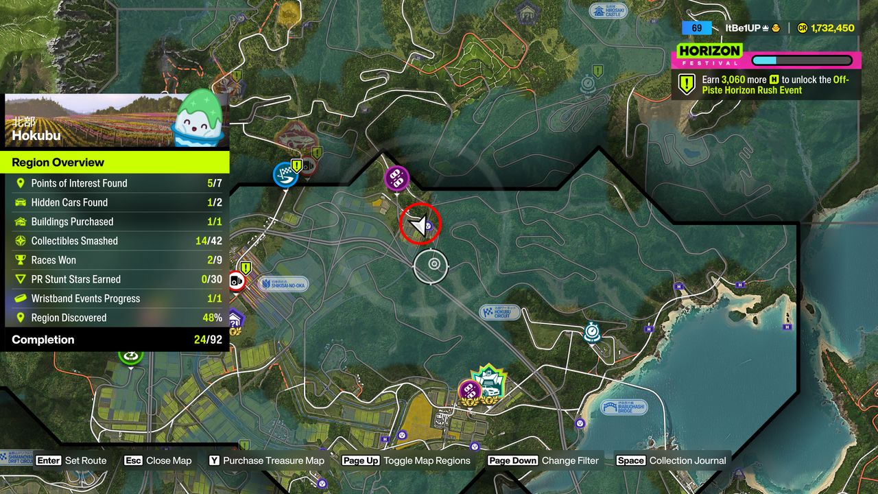 Forza Horizon 6 Treasure Cars: A map with a red circle bringing attention to the location of a Treasure Car in the Hokubu region.