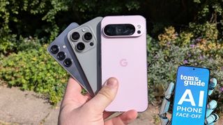 google pixel 9 pro, samsung galaxy s25 and iphone 15 pro max in front of a flower bed