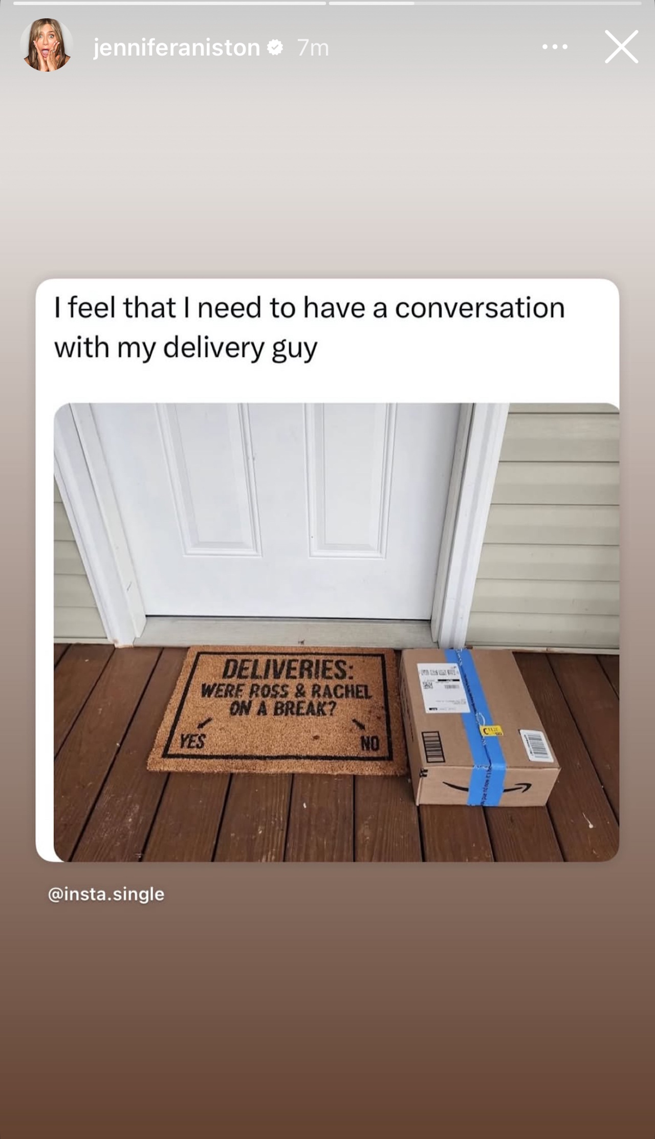 Jennifer Aniston reposted a meme of a delivery driver seemingly siding with Rachel on the debate over whether she and Ross were 