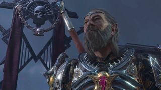 Baldur's Gate 3 Villain view from below bearded elf with diadem looking up toward darkened sky