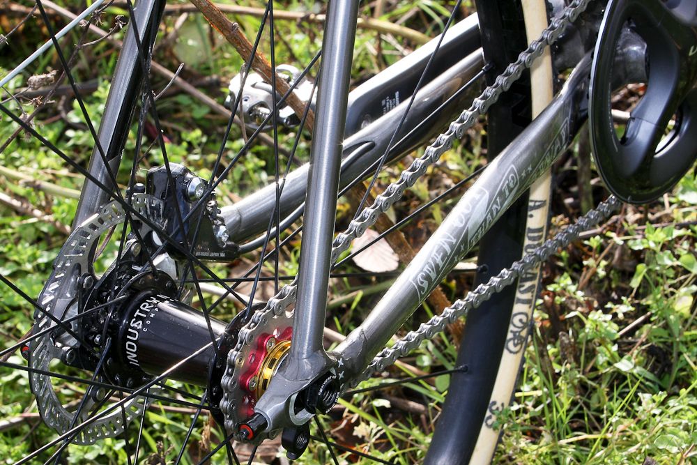 Bontrager Aluminum tubular rims are laced up with and Industry 9 rear hub.