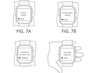 A Figure from the patent "Pressure sensor integration into wearable device" showing how a watch would tell you to adjust your fit for a proper Fit Score.