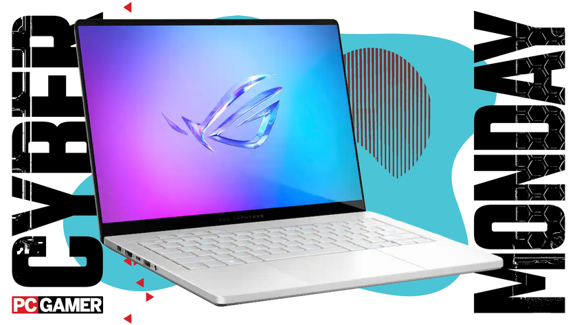 An Asus gaming laptop on a blue Cyber Monday background.