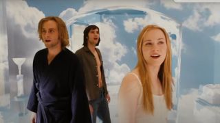 Joe Anderson, Jim Sturgess and Evan Rachel Wood sing in a room that looks like the sky in Across the Universe.