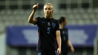ANTALYA, TURKEY - MARCH 03: Leah Williamson of England gives a thumbs up during the 2027 FIFA Women's World Cup Qualifier between Ukraine and England at Mardan Sports Complex on March 03, 2026 in Antalya, Turkey