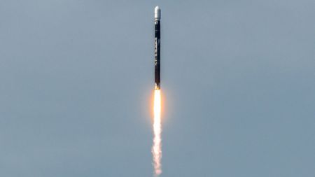 A black Firefly Aerospace rocket launches into space on Dec. 22, 2023