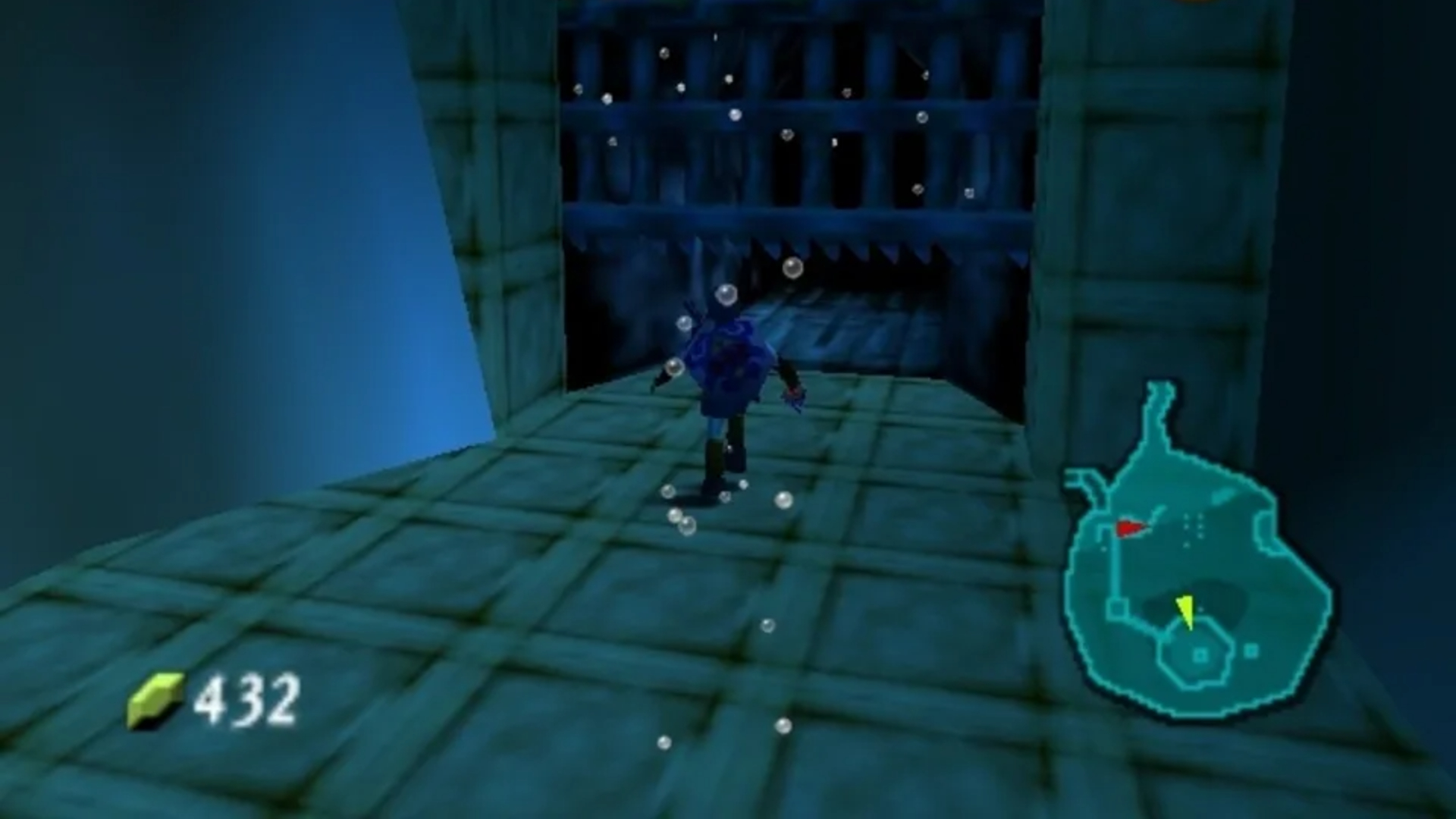 The Legend of Zelda Ocarina of Time Master Quest gameplay showing link walking underwater with the iron boots towards a large gate