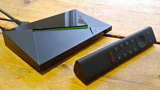 The Nvidia Shield TV placed on a table.
