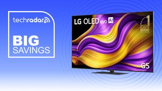 LG G5 OLED TV on a blue and white gradient background with "Big Savings" text in white.
