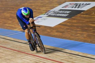 Italys Filippo Ganna competes in the mens Individual Pursuit qualifying during the UCI Track Cycling World Championships at The JeanStablinski Velodrome in Roubaix northern France on October 22 2021 Photo by Denis Charlet AFP Photo by DENIS CHARLETAFP via Getty Images