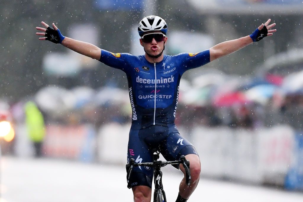 Remco Evenepoel of Belgium and Team Deceuninck-QuickStep celebrates victory in Legnano