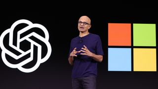 Microsoft CEO Satya Nadella speaks during an OpenAI DevDay event.