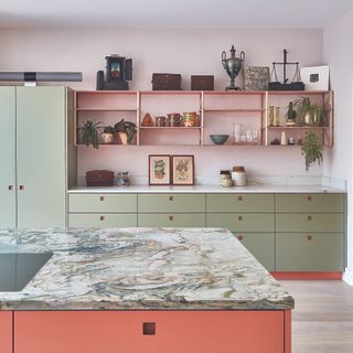 kitchen with marble worktop and open shelves
