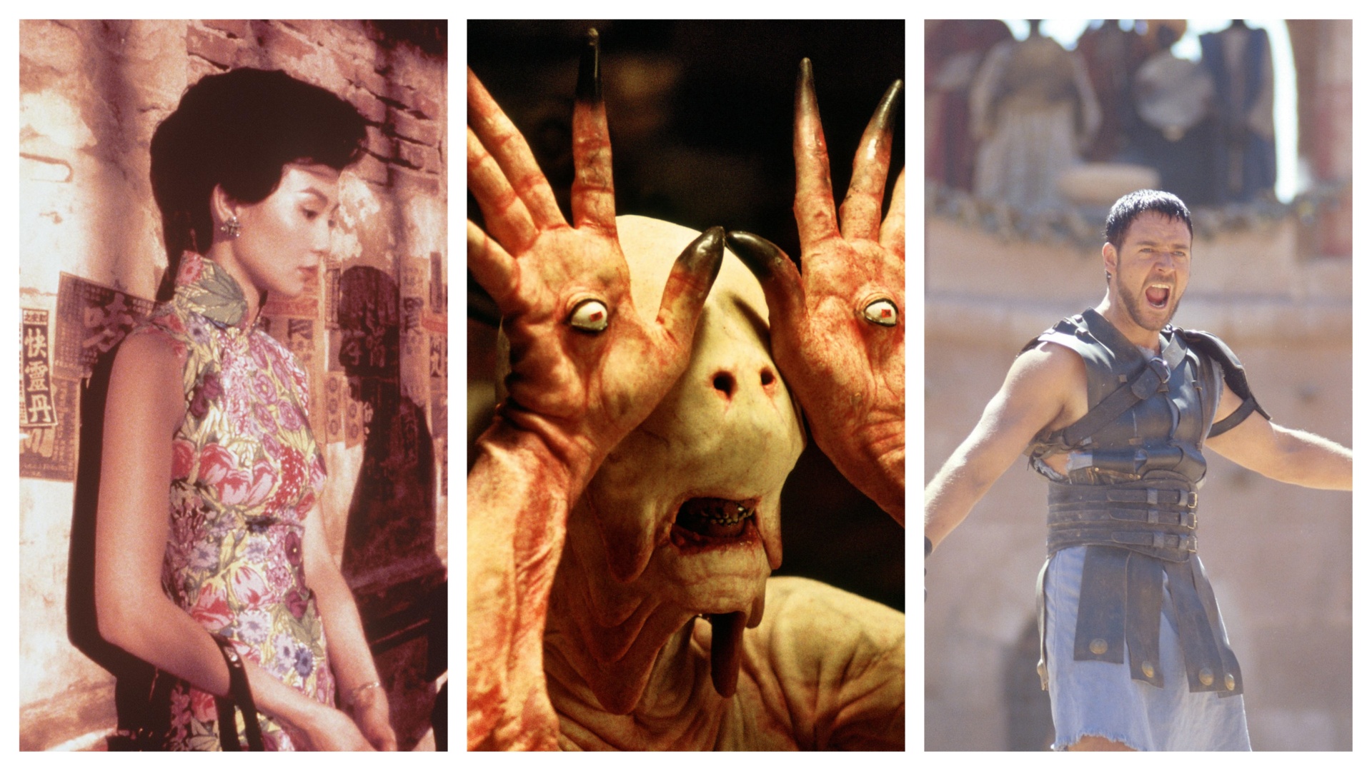 Three images fro three different films sliced together from left to right: In the Mood for Love, Pans Labyrinth and Gladiator 