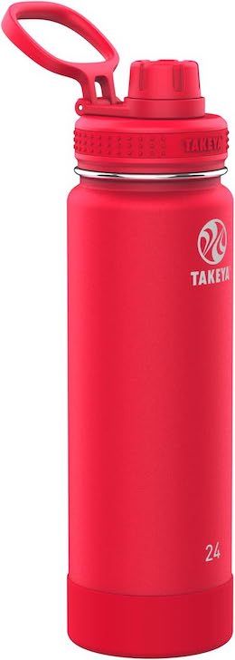 A red Takeya water bottle