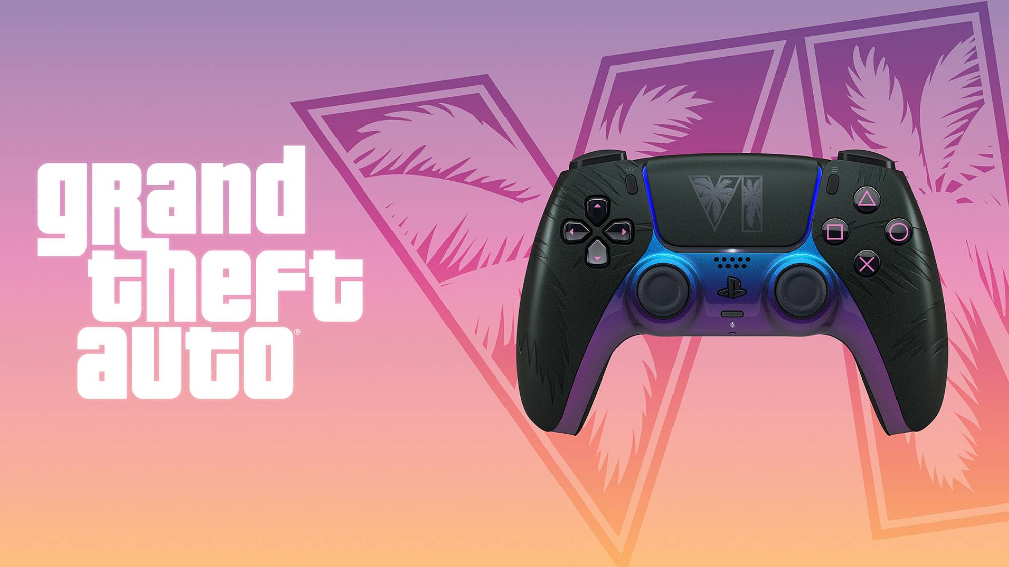 GTA 6 DualSense in Black on a GTA-themed background