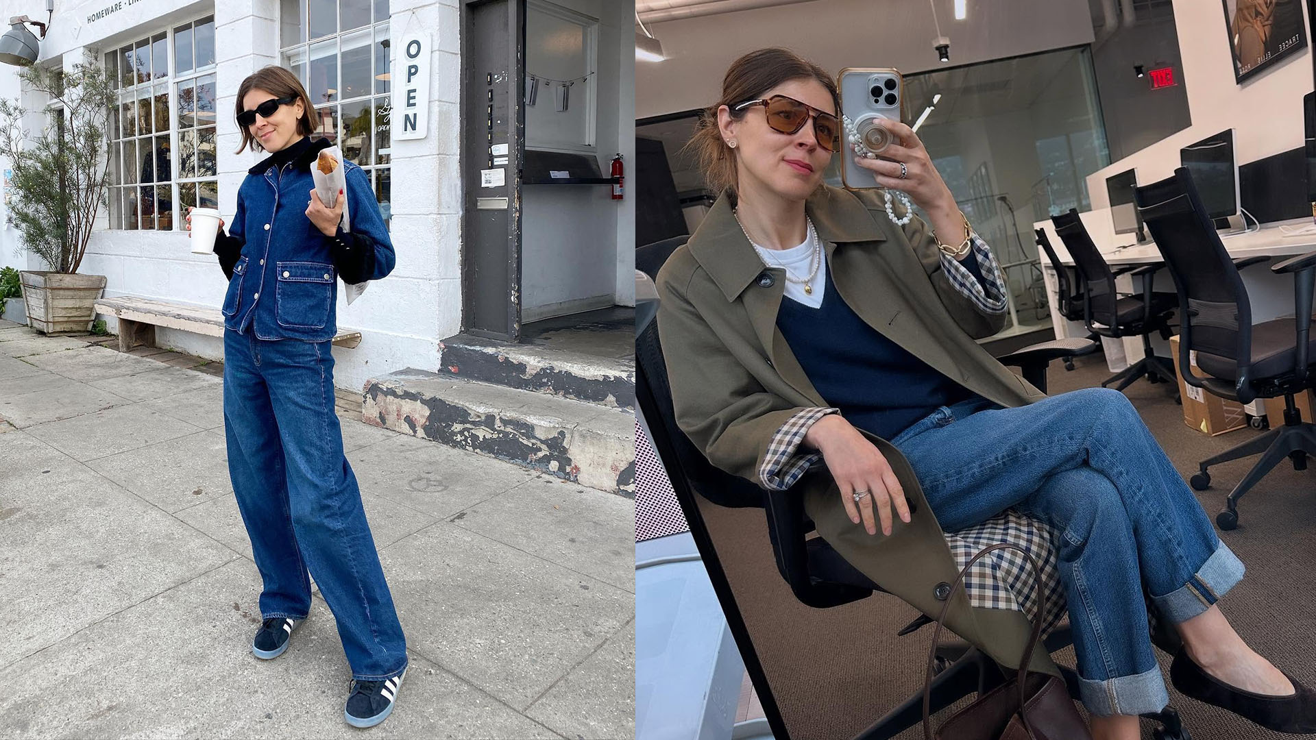 Woman in trench-coat, navy sweater, and jeans; Woman in double-denim old navy outfit