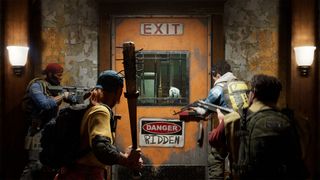 Back 4 Blood - four players stand together with weapons ready to enter a door labeled "Exit: Danger"