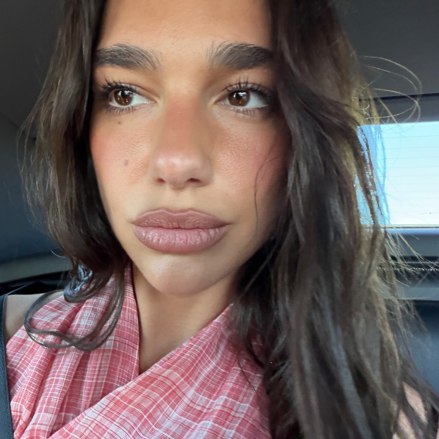 A selfie of Dua Lipa with muted blush
