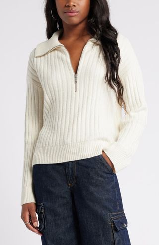 BP., Quarter Zip Cotton Blend Rib Sweater