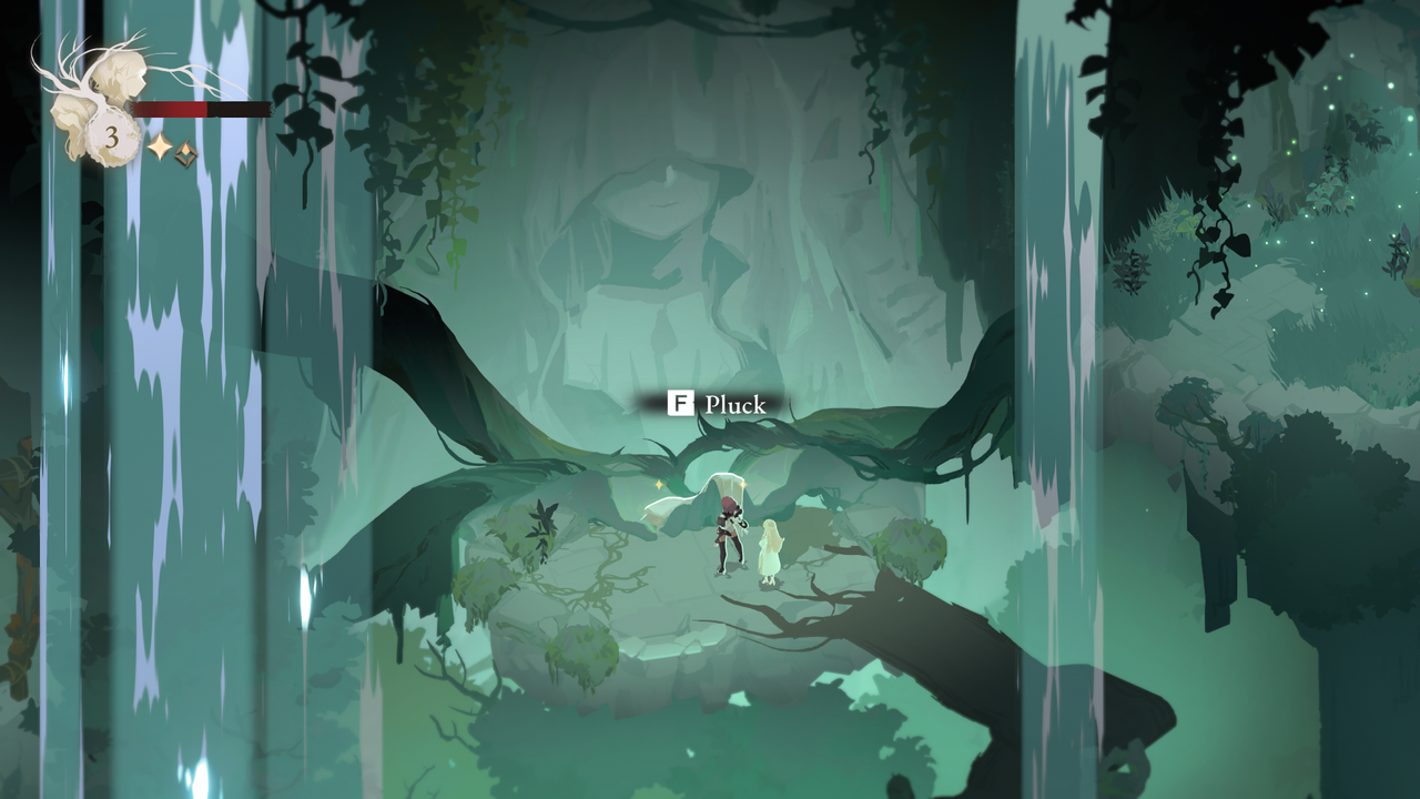 A screenshot of action RPG Lunarium. Two characters stand on a platform before a large statue of a cloaked woman.
