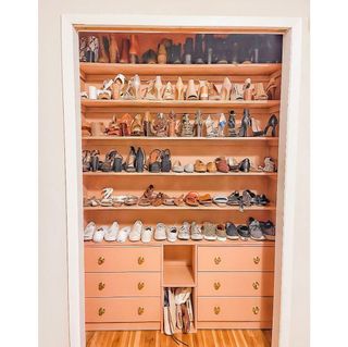 Peach-colored closet with shoe selves