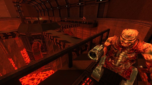 A Strogg standing on a gantry over a river of lava.