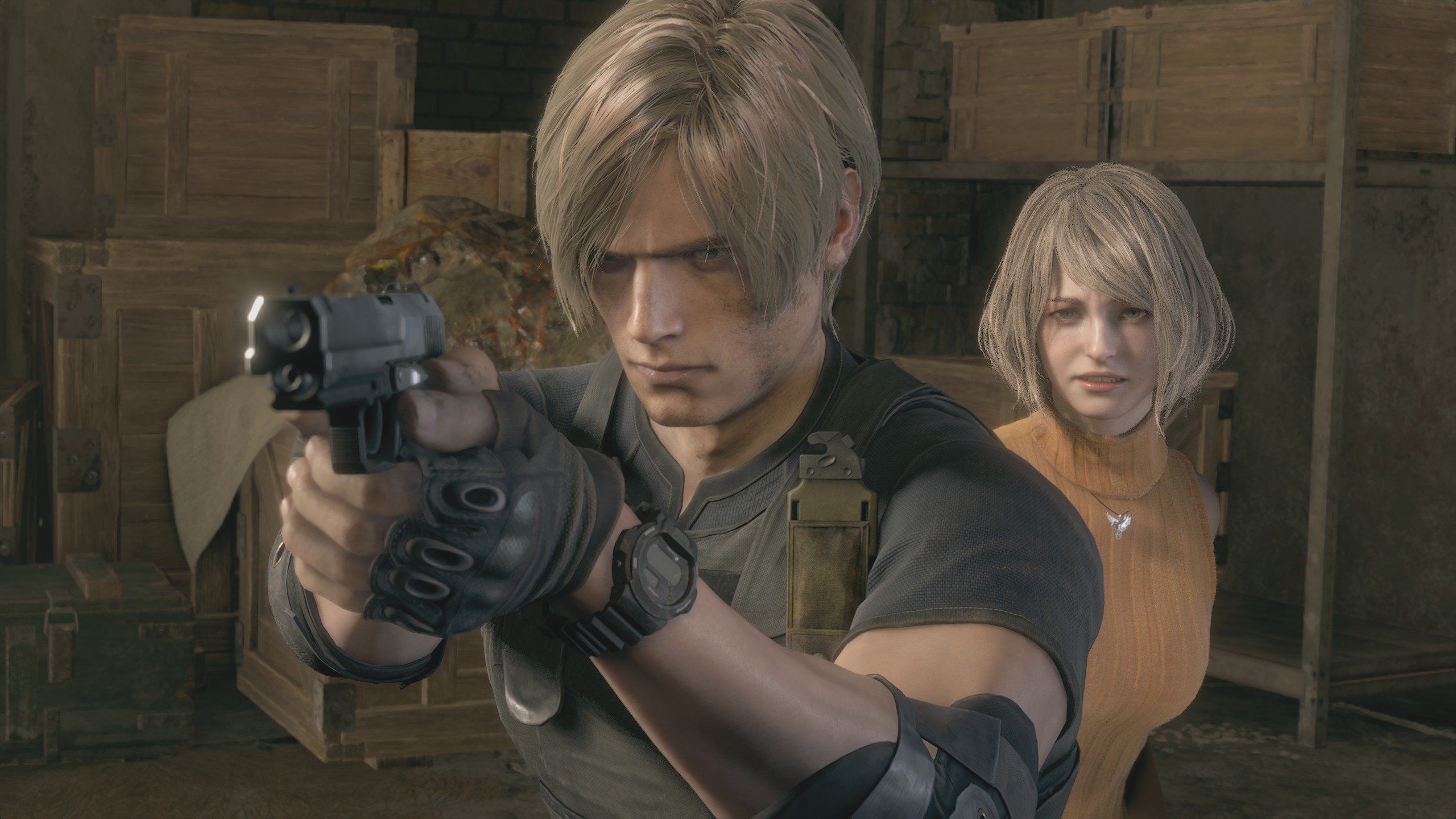 Resident Evil 4 Remake secret weapons - Leon protecting Ashley